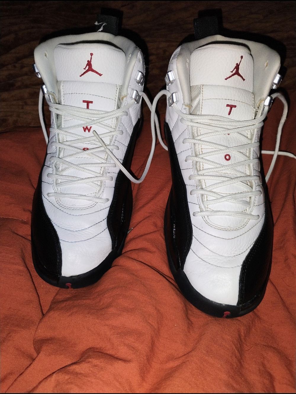 Air Jordan 12s Retro Two-Tone Basketball Shoes - White/Black with Red Jumpman